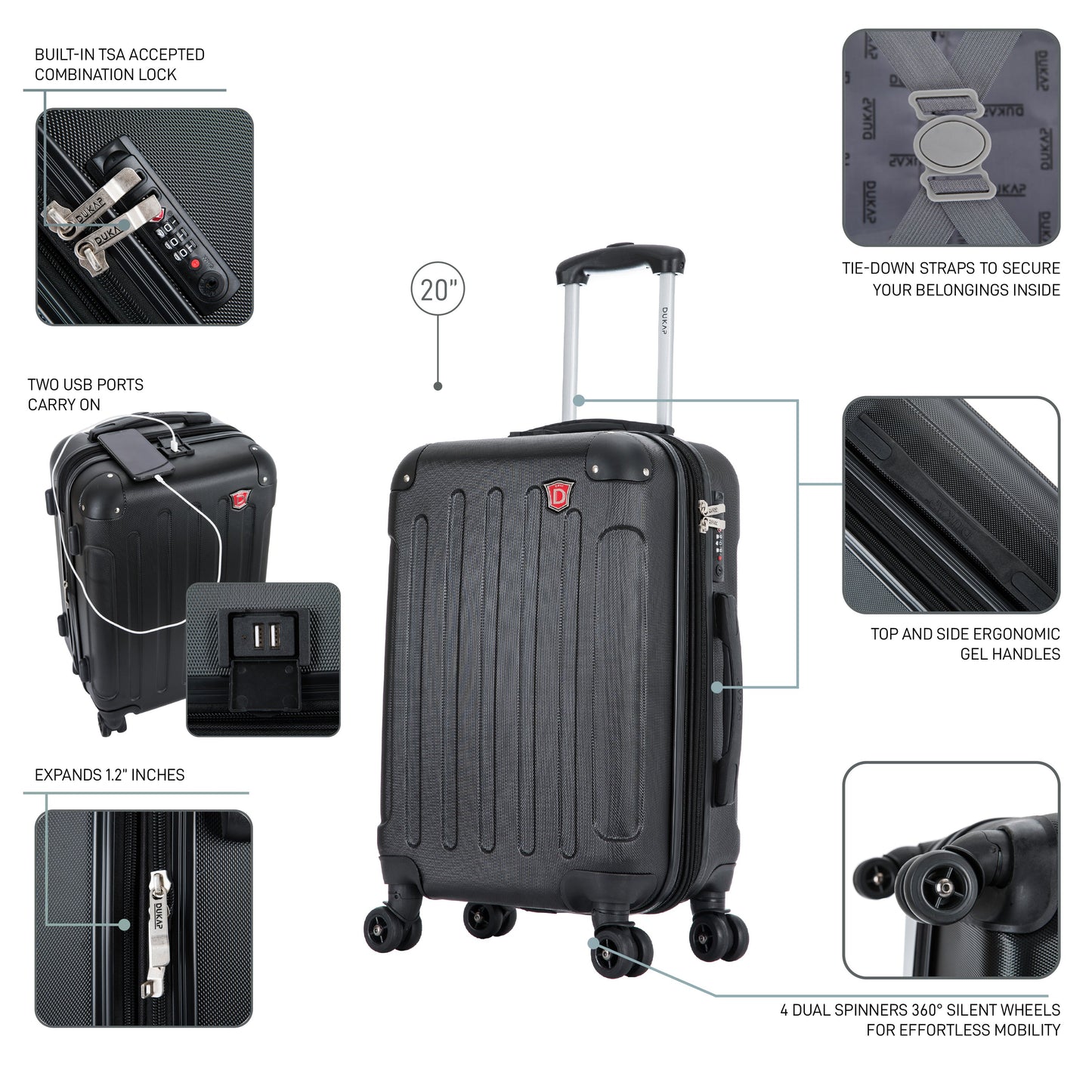 INTELY  Hardside Spinner  Carry-On  20-Inch Carry-On with USB port Luggage