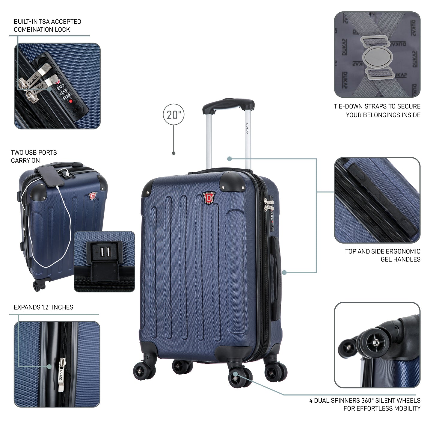 INTELY  Hardside Spinner  Carry-On  20-Inch Carry-On with USB port Luggage