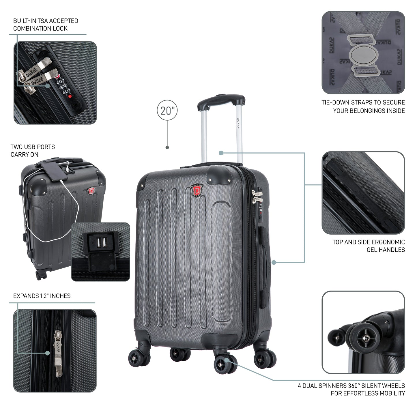 INTELY  Hardside Spinner  Carry-On  20-Inch Carry-On with USB port Luggage