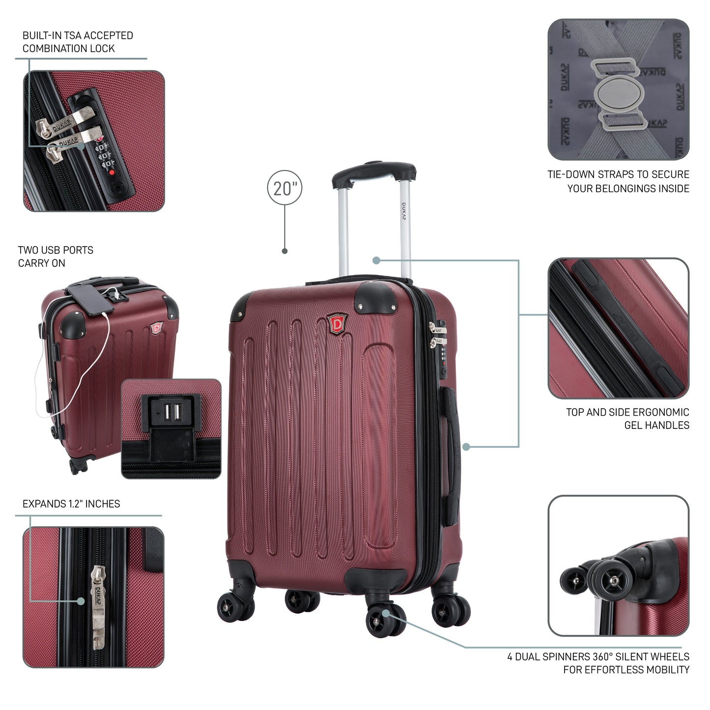 INTELY  Hardside Spinner  Carry-On  20-Inch Carry-On with USB port Luggage