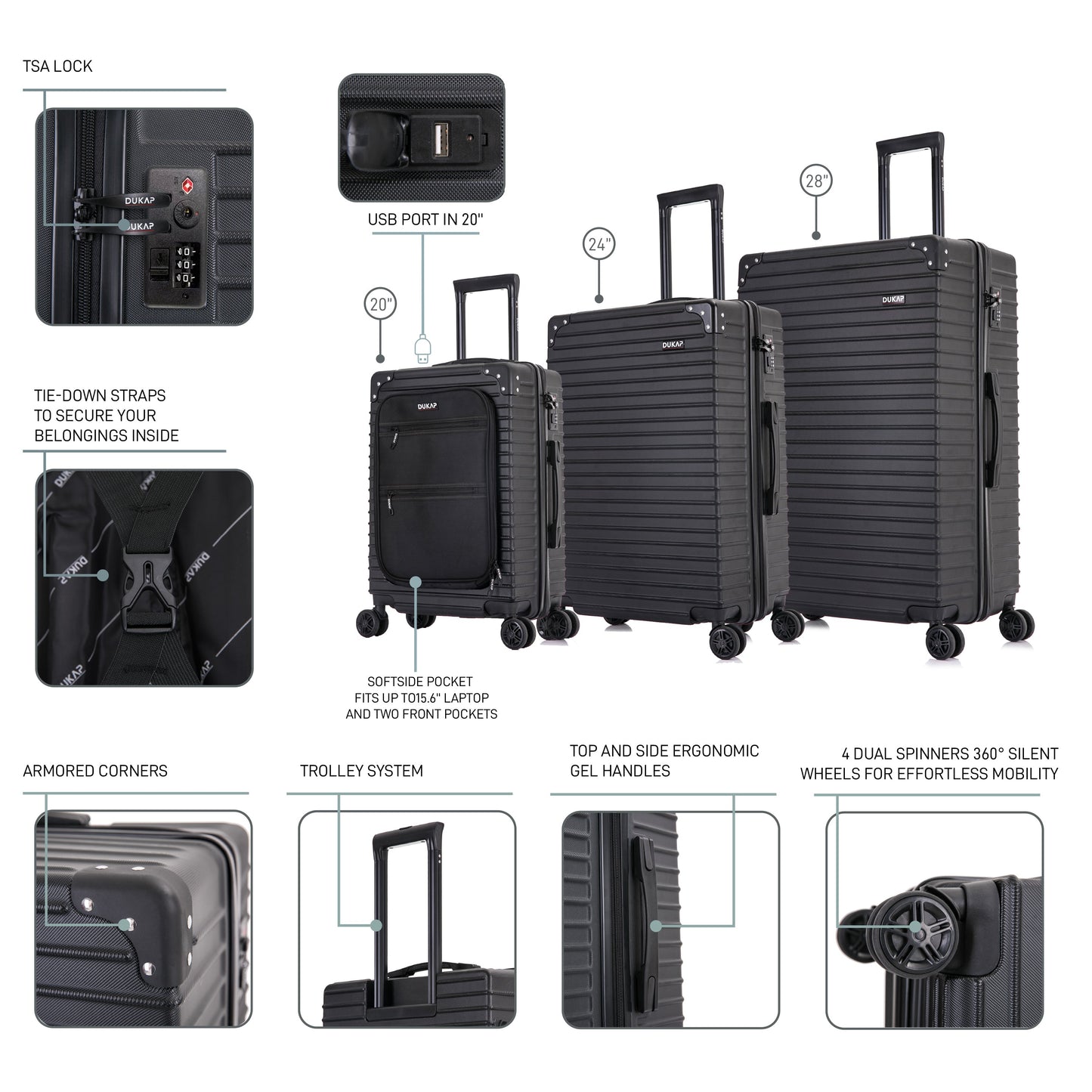 TOUR  Hardside Spinner 3 Piece Luggage Set 20/28/32 Inches