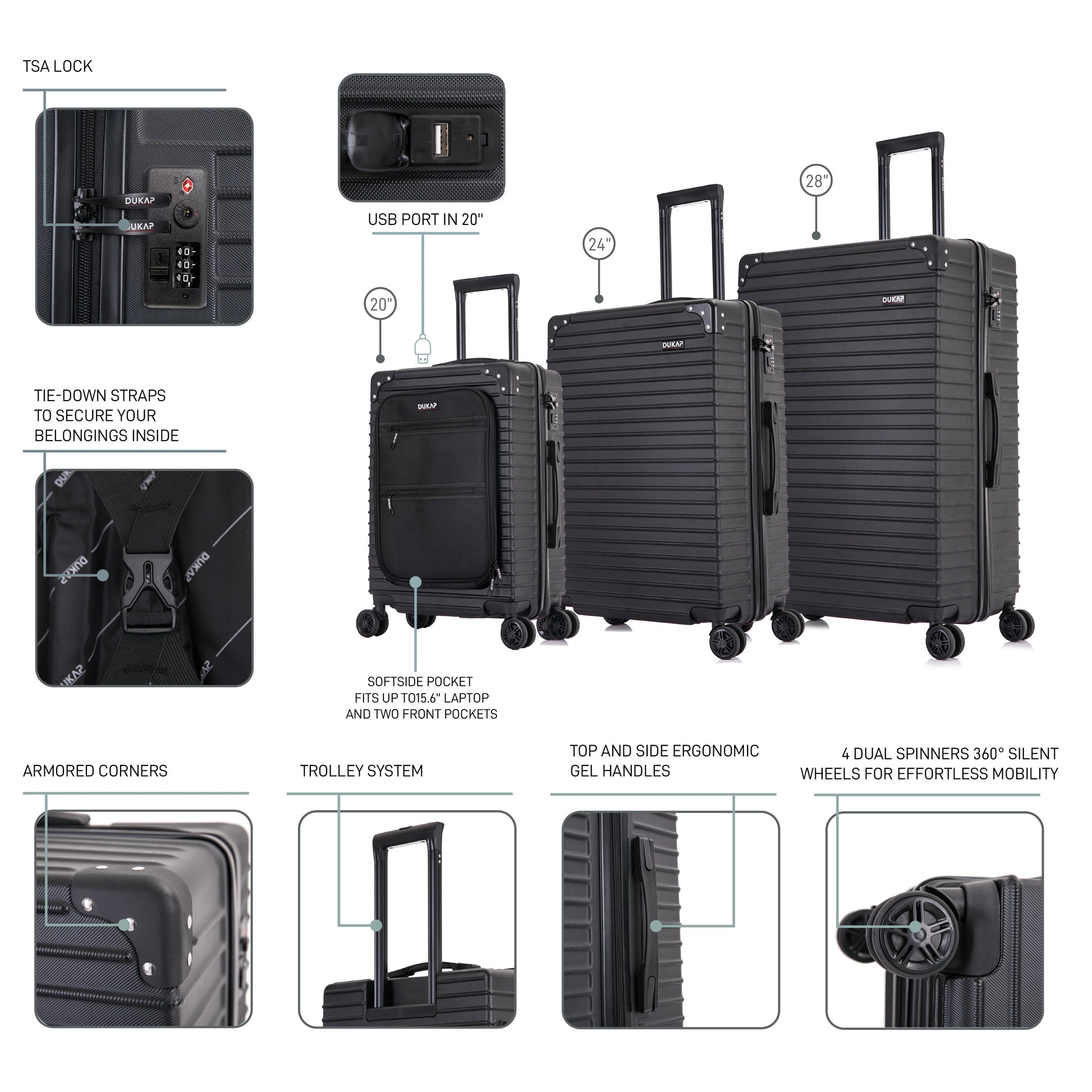 TOUR  Hardside Spinner 3 Piece Luggage Set 20/28/32 Inches