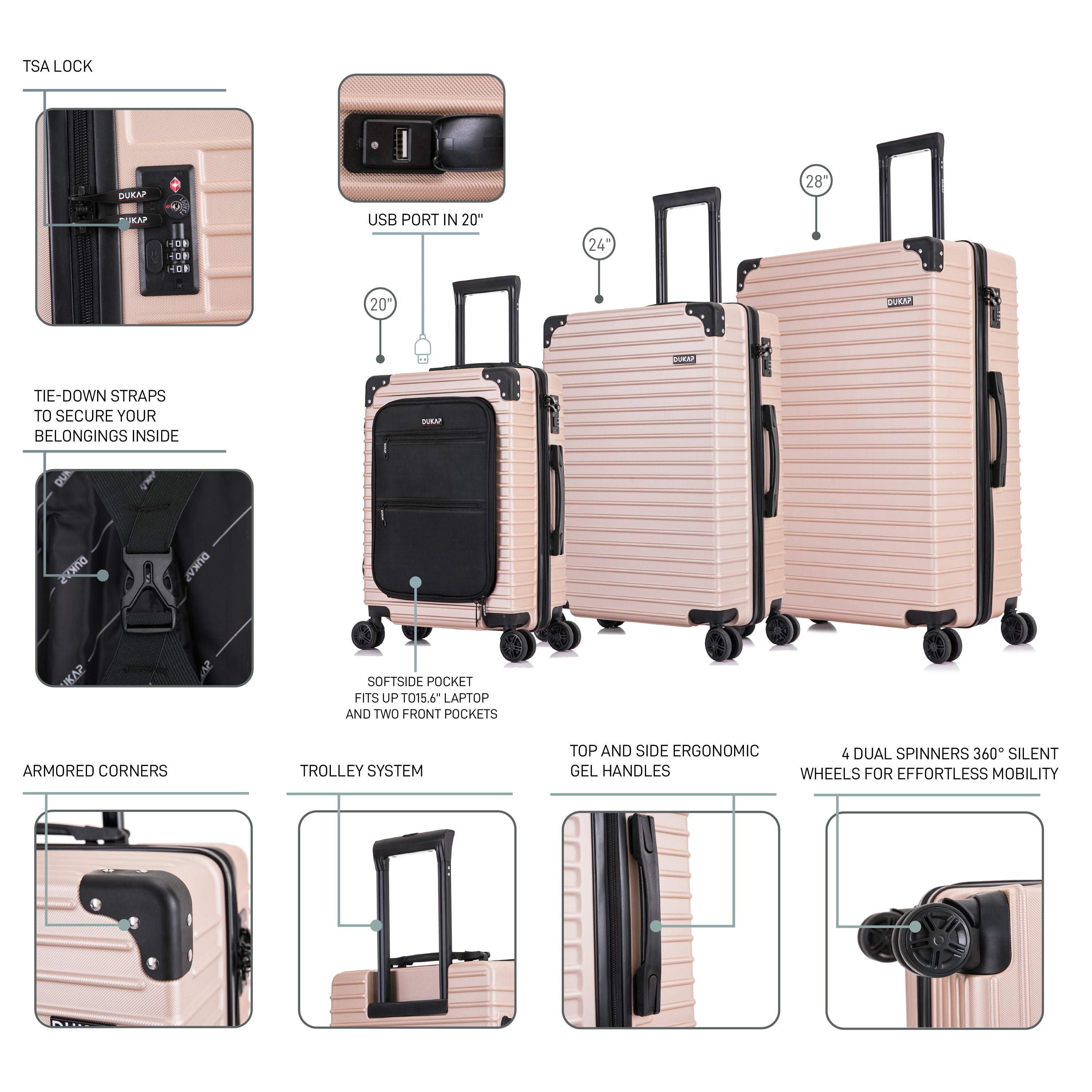 TOUR Hardside Spinner 3 Piece Luggage Set 20/28/32 Inches – Dukap